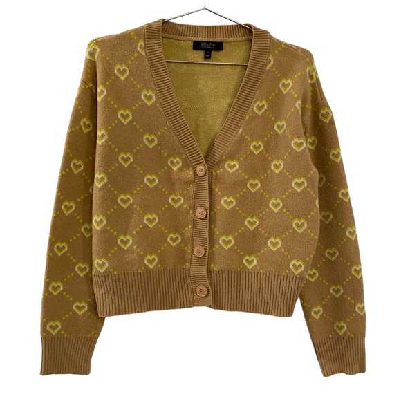 Witty Fox Sweaters - Junior's Witty Fox Brown & Yellow Heart Button Up Cardigan